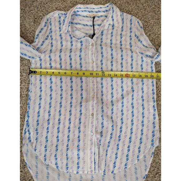 Jane and Delancey Bird Print Stripe Top Women’s Small White Blue Roll Tab Sleeve - Picture 6 of 10